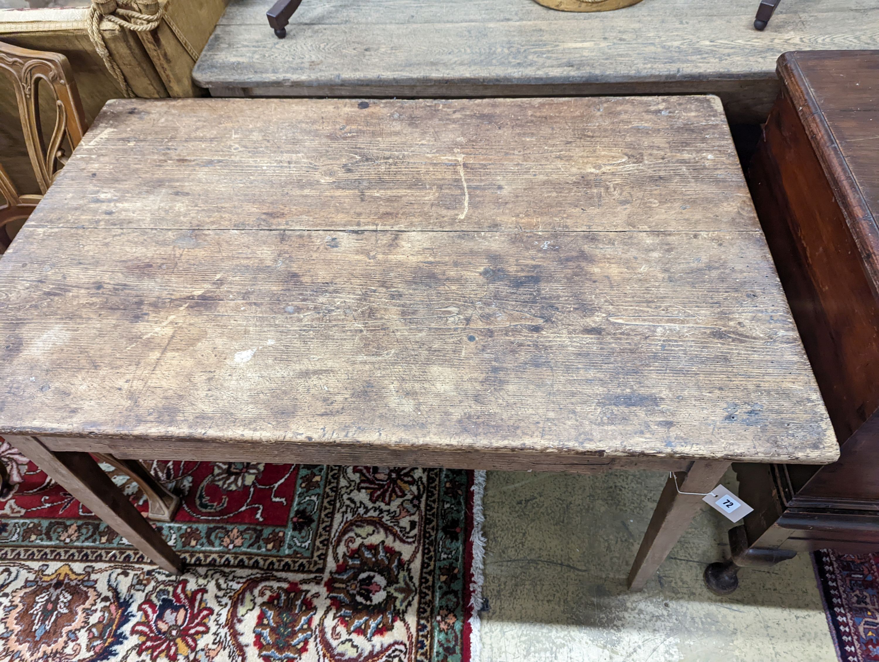 A 19th century French pine farmhouse table. W-120cm, D-74cm, H-74cm.